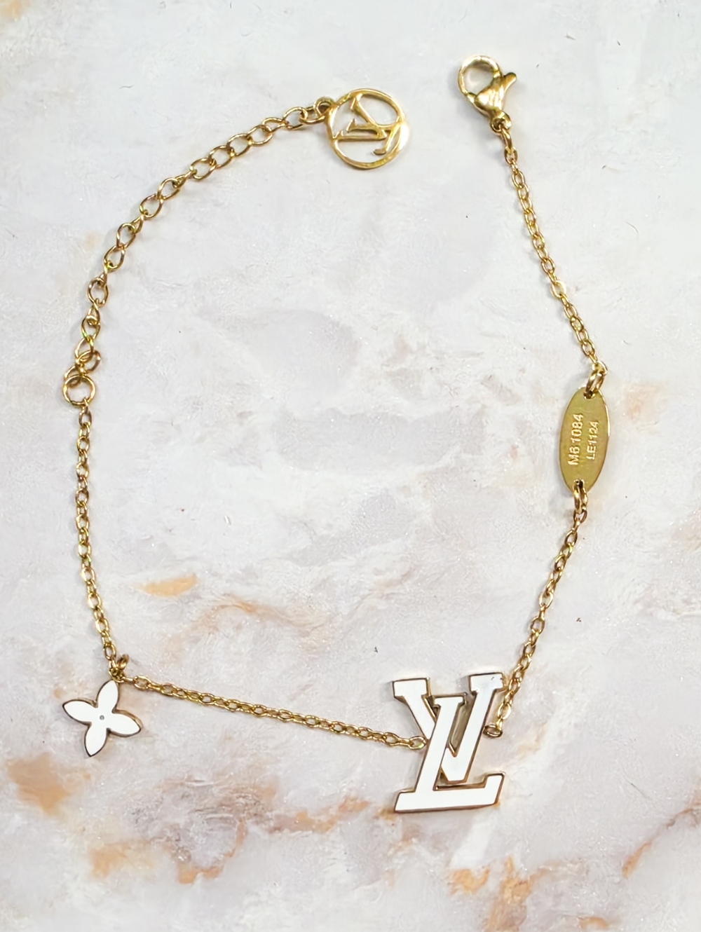 ​Premium 18K Gold Titanium Luxury Inspired Bracelet White Enamel Monogram Charm